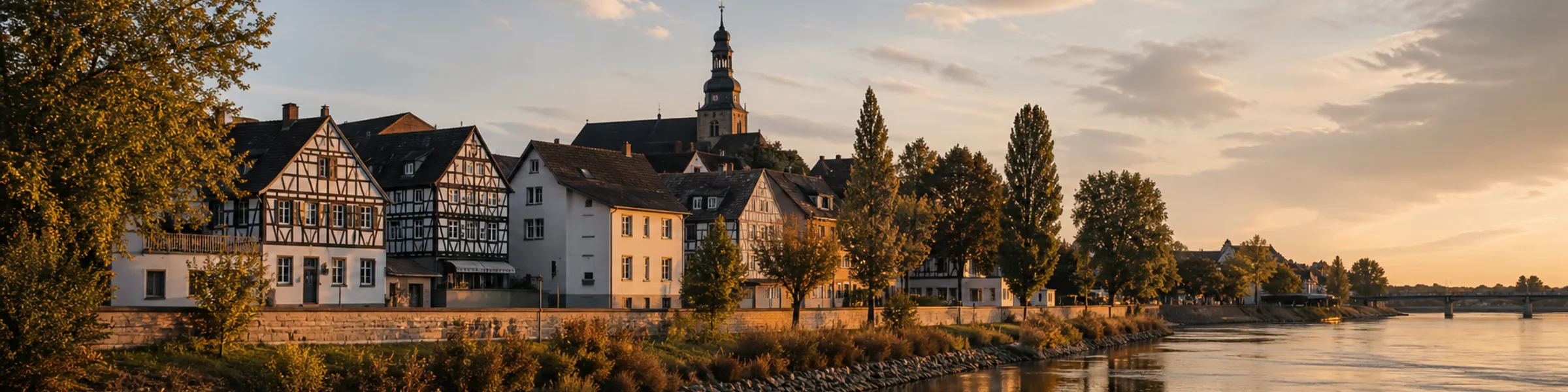 Flörsheim am Main mit Fachwerkhäusern am Mainufer