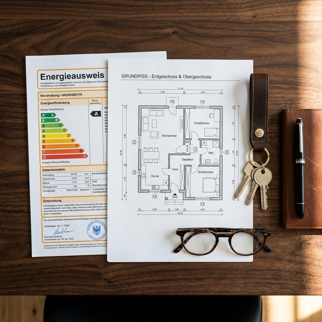 Immobilien-Unterlagen auf Schreibtisch – Grundriss, Energieausweis, Schlüssel