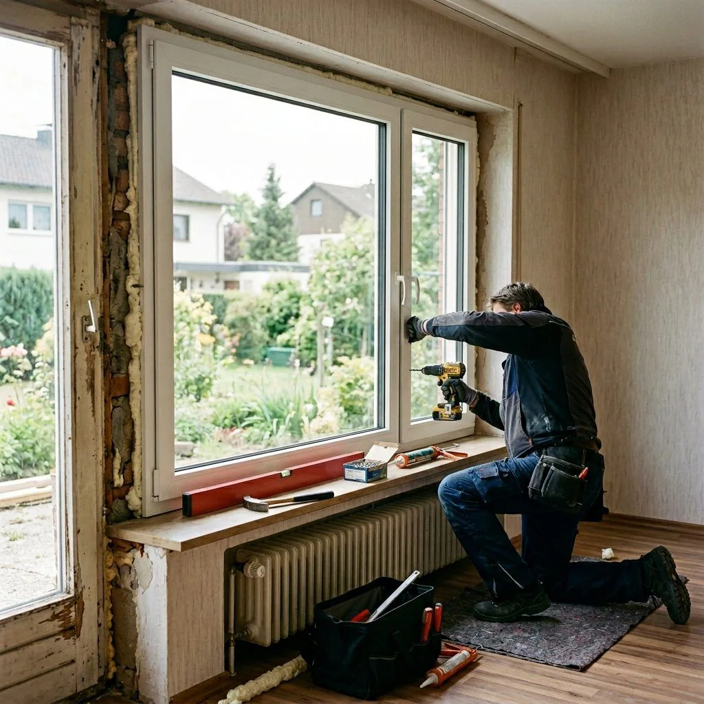 Handwerker beim Einbau eines modernen Dreifach-Isolierfensters in ein Haus der 1970er Jahre