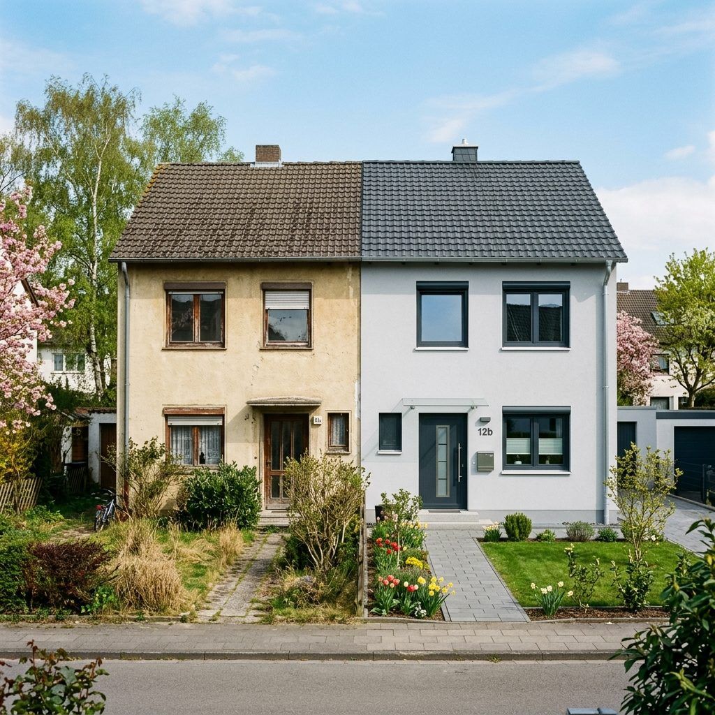Einfamilienhaus halb unsaniert, halb frisch renoviert – Symbolbild für energetische Sanierung