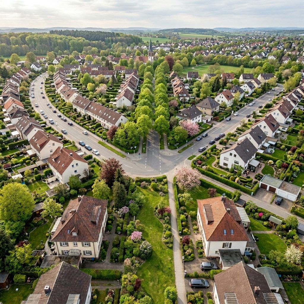 Wegkreuzung als Metapher für die Entscheidung zwischen Verkauf, Vermietung und Halten einer Immobilie
