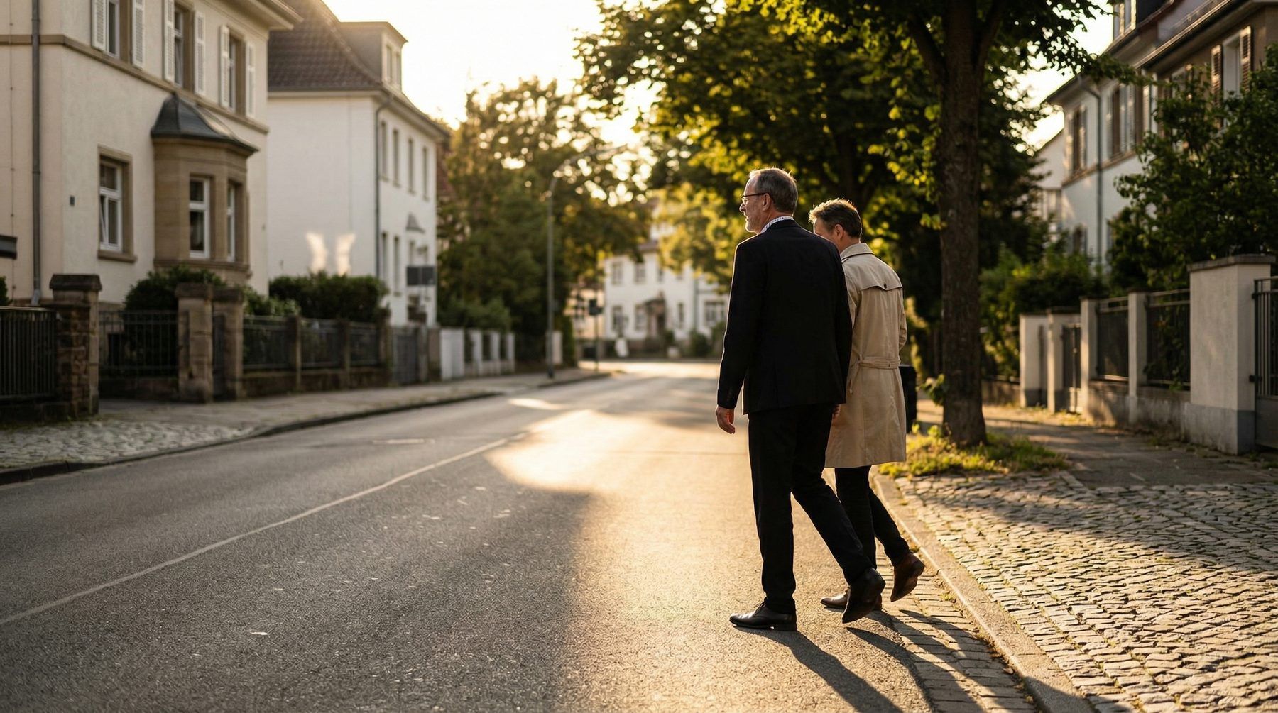Eigentümer beim Spaziergang durch ein Wohngebiet – Symbol für die persönliche Entscheidungsfindung