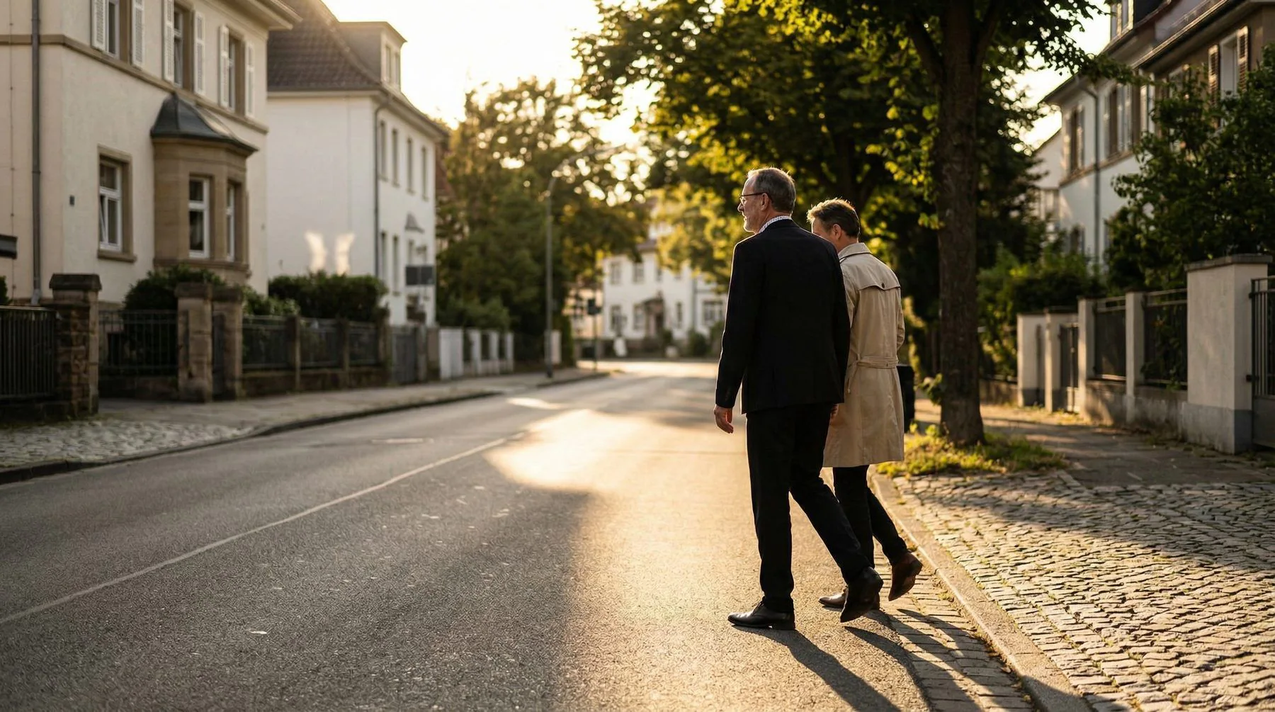 Eigentümer beim Spaziergang durch ein Wohngebiet – Symbol für die persönliche Entscheidungsfindung