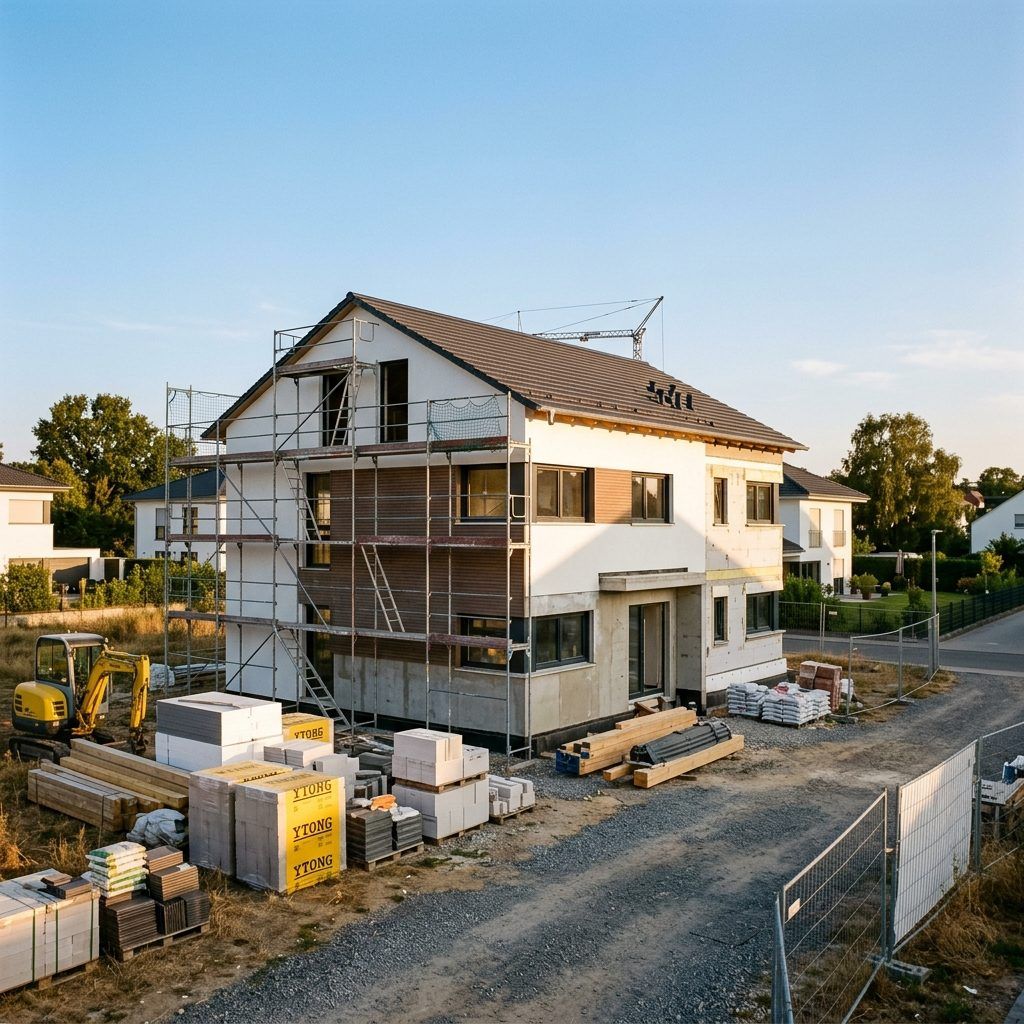 Neubau im Bau mit Gerüst, Einfamilienhaus im Rohbau in der Rhein-Main-Region