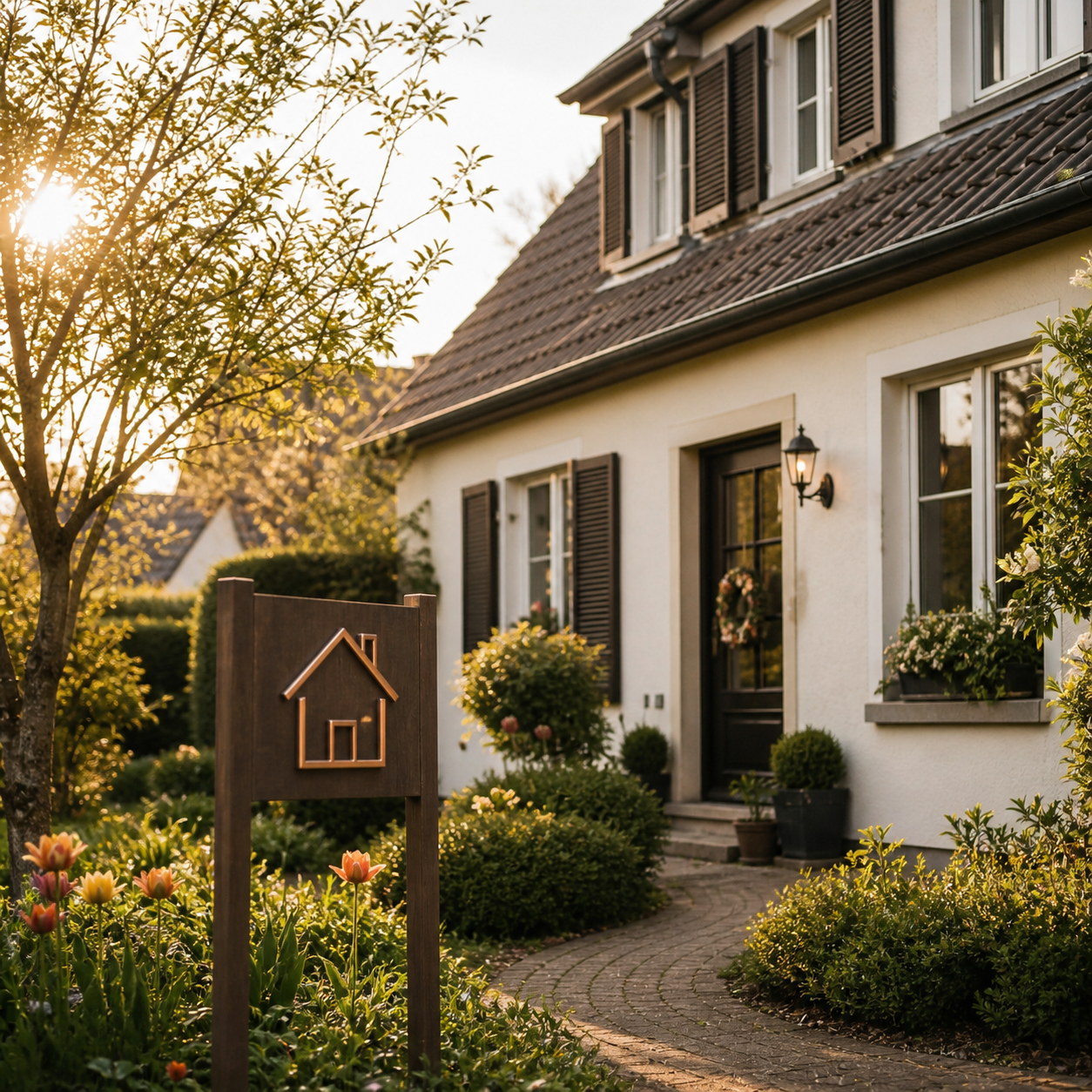 Wohnhaus mit dezentem Verkaufssymbol im Vorgarten