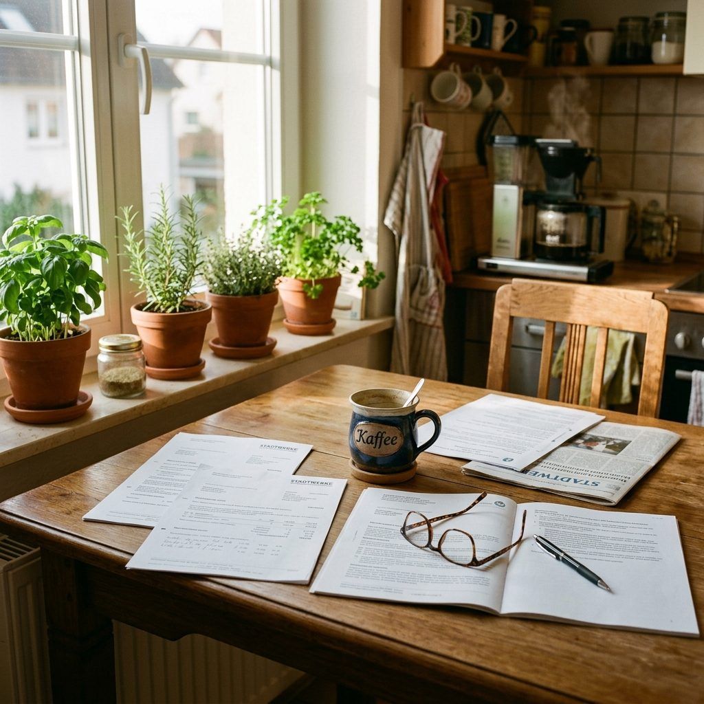 Küchentisch mit Kaffee und ausgebreiteten Unterlagen zum Modellvergleich