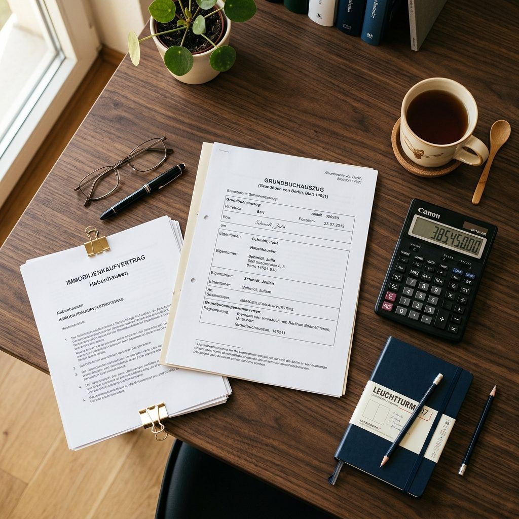 Grundbuchauszug, Taschenrechner und Dokumente auf einem Schreibtisch – Immobilienplanung beim Pflegefall