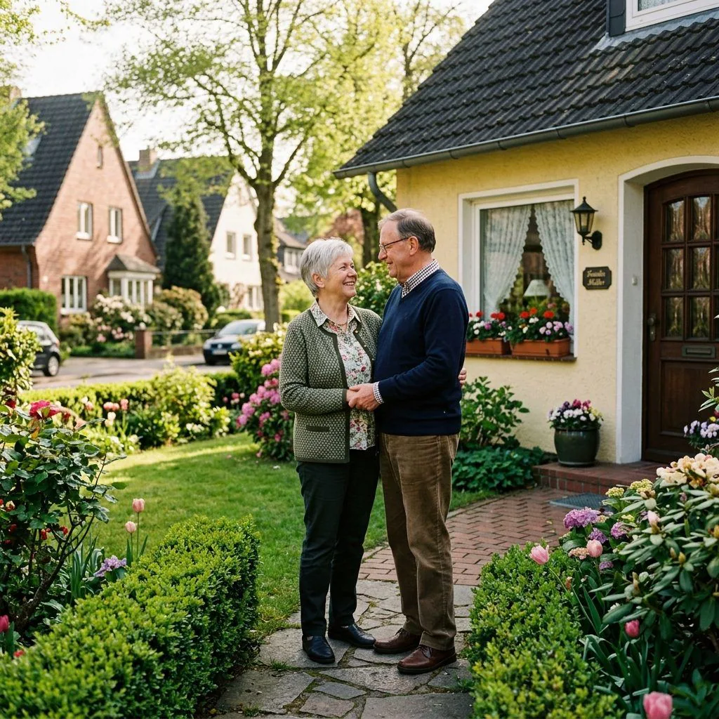 Älteres Paar vor ihrem Haus – Pflegefall und Immobilie