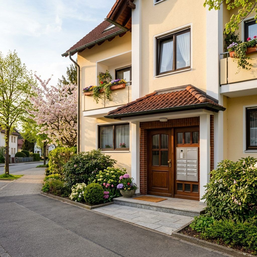 Eingangsbereich eines gepflegten deutschen Mehrparteienhauses mit Klingelschildern