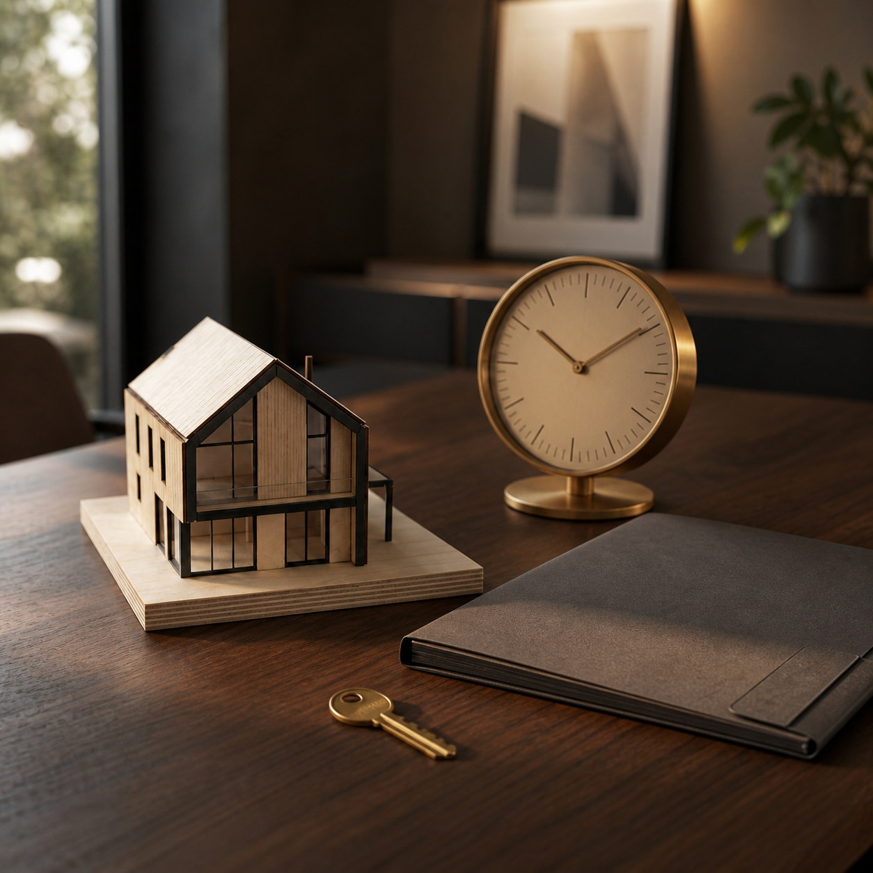 Hausmodell, Schlüssel und Uhr als Illustration zur Dauer eines Immobilienverkaufs