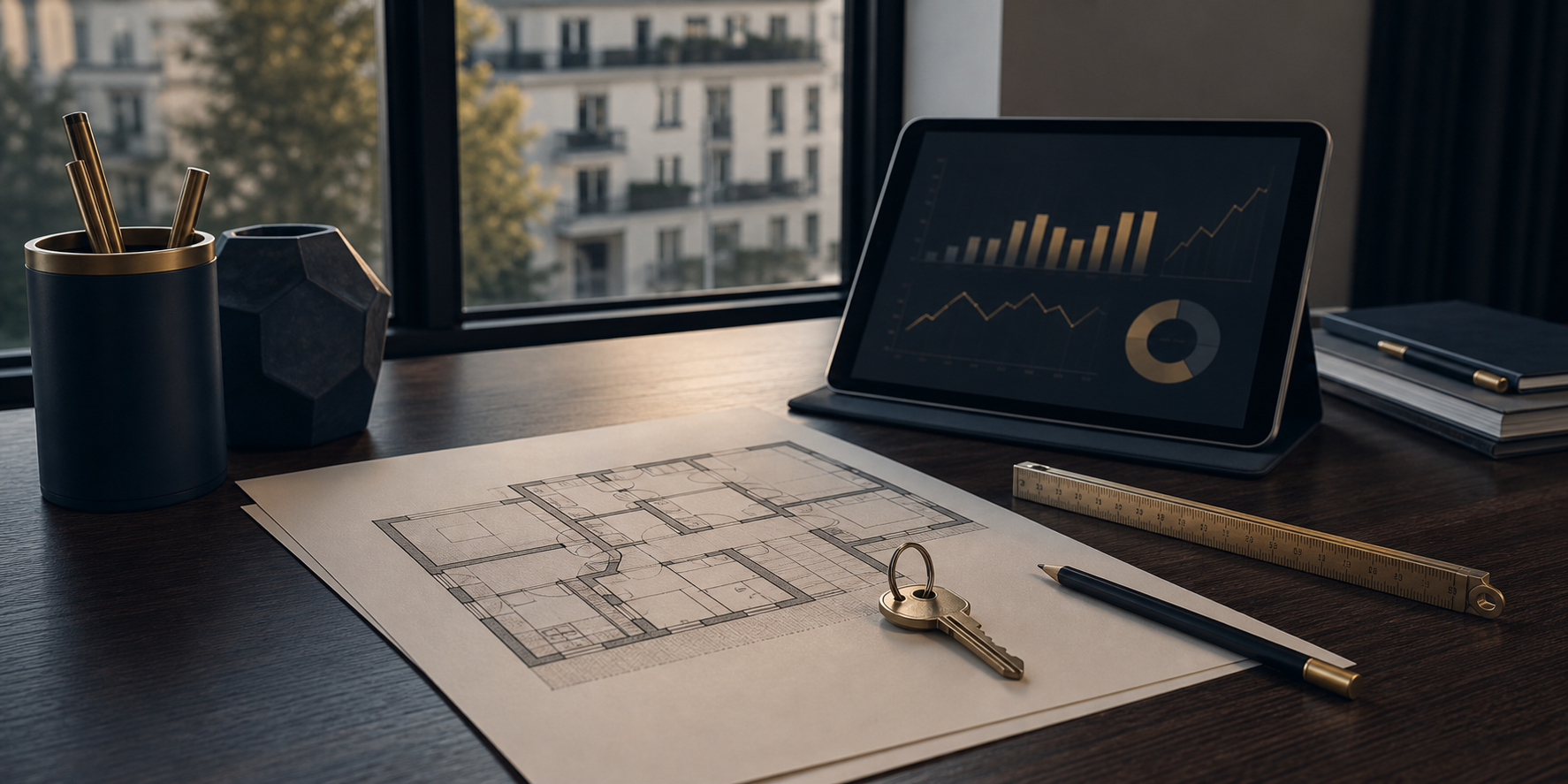 Grundriss, Schlüssel und Marktdaten als Einstieg in Bewertung und Immobilienmarkt