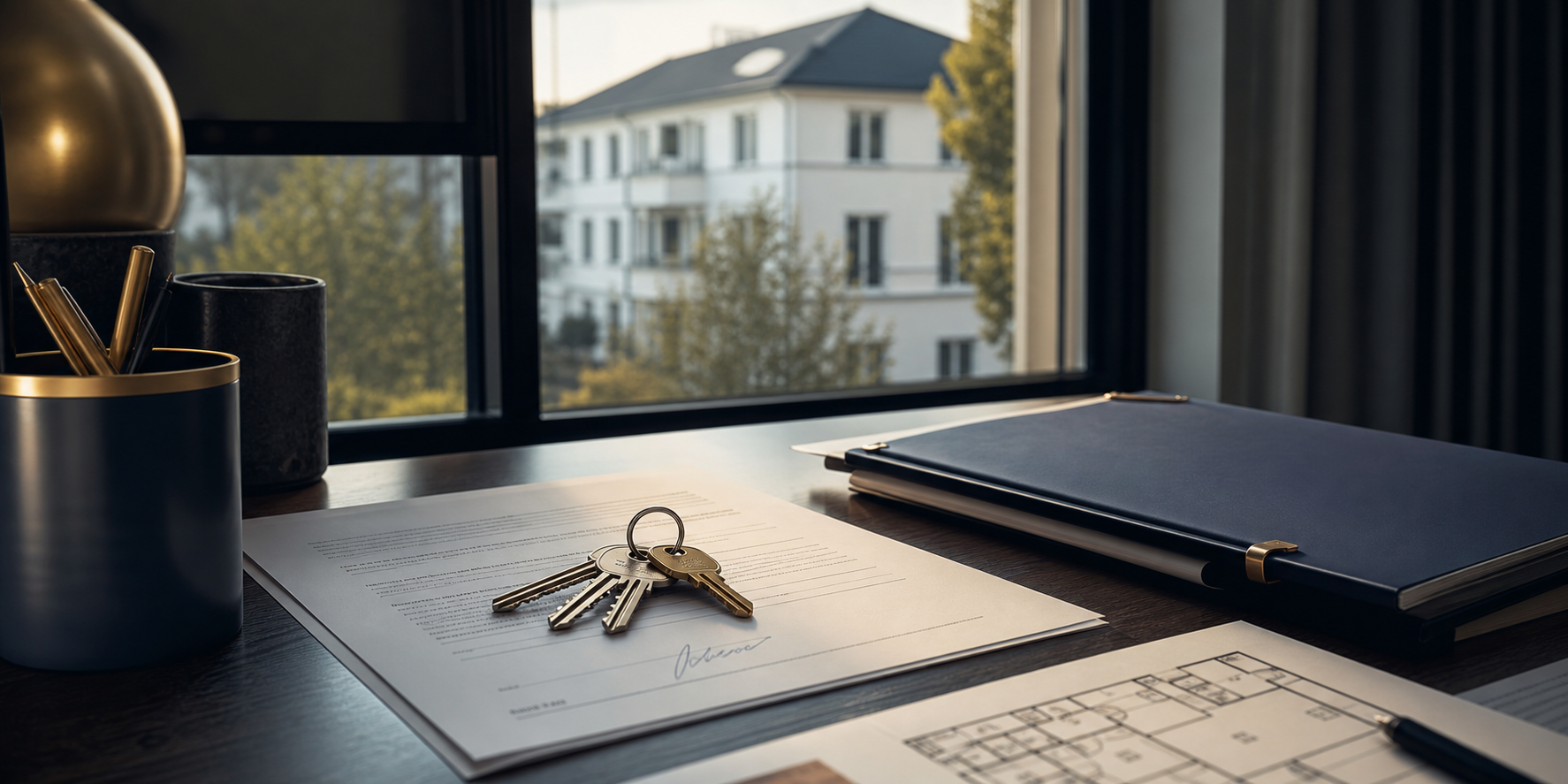 Immobilienunterlagen, Schlüssel und Grundriss als Einstieg in Verkauf und Vermietung