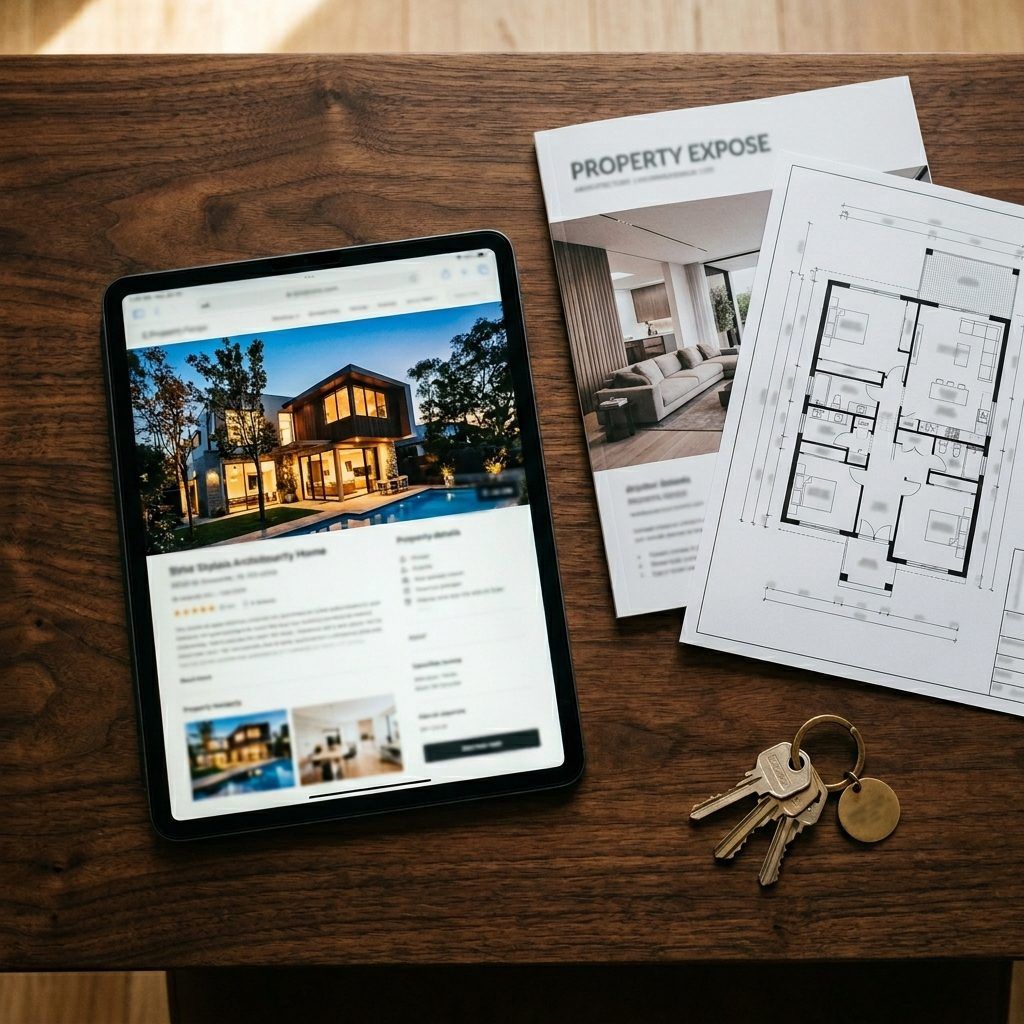 Professionelles Immobilien-Exposé auf Tablet mit Grundriss und Schlüsseln auf Holztisch
