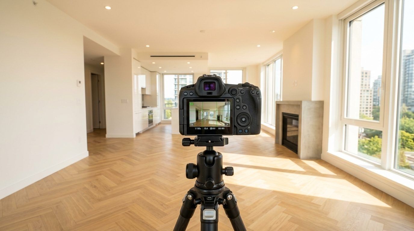 Professionelle Immobilienfotografie – Kamera auf Stativ in hellem Wohnzimmer